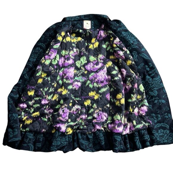 Elevenses Teal Emerald Isle Brocade Ruffled Victorian Puff Sleeve Coat Sz 2 - Picture 2 of 16